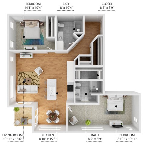 Floor plan for 2 beds, 2 baths, 1150 sqft
